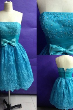 A-Line Strapless Short Beaded Blue Lace Prom Evening Bridesmaid Dresses ED011502