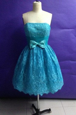 A-Line Strapless Short Beaded Blue Lace Prom Evening Bridesmaid Dresses ED011502