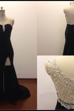 Beaded Long Black Chiffon Prom Evening Formal Dresses ED011504