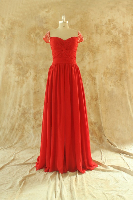 A-Line Beaded Cap-Sleeve Long Red Chiffon Prom Evening Formal Dresses ED011509 A-Line Beaded Cap-Sleeve Long Red Chiffon Prom Evening Formal Dresses ED011509