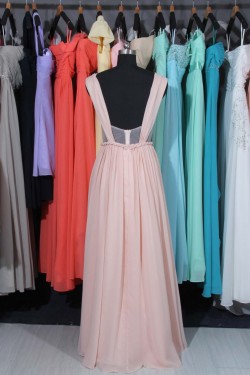 A-Line Straps Long Pink Chiffon Prom Evening Formal Dresses ED011514