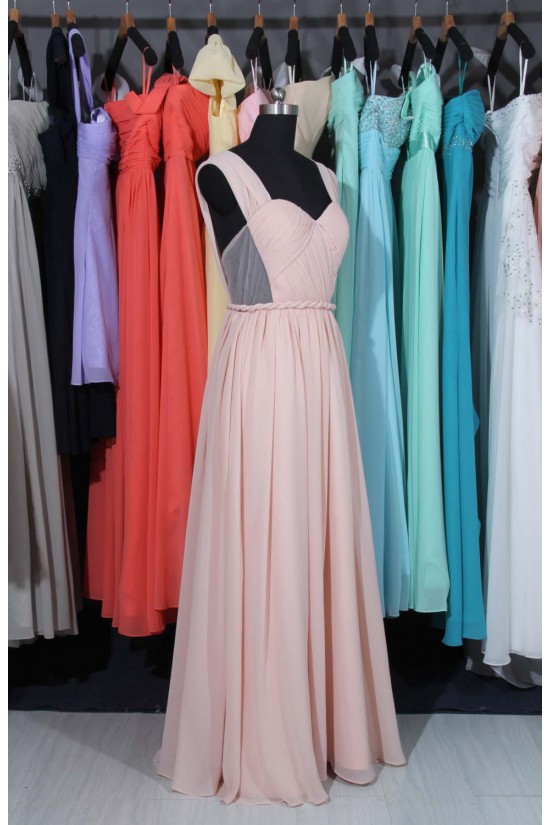 A-Line Straps Long Pink Chiffon Prom Evening Formal Dresses ED011514