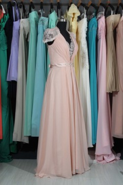 A-Line V-Neck Cap-Sleeve Lace and Chiffon Prom Evening Formal Dresses ED011516