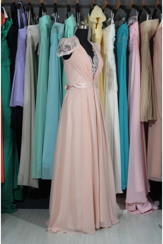 A-Line V-Neck Cap-Sleeve Lace and Chiffon Prom Evening Formal Dresses ED011516