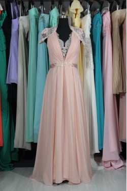 A-Line V-Neck Cap-Sleeve Lace and Chiffon Prom Evening Formal Dresses ED011516
