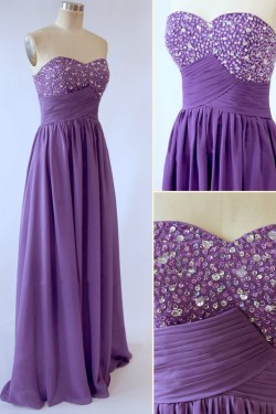 A-Line Sweetheart Beaded Long Purple Chiffon Prom Evening Formal Dresses ED011524
