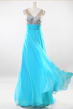 A-Line V-Neck Beaded Long Chiffon Prom Evening Formal Dresses ED011526