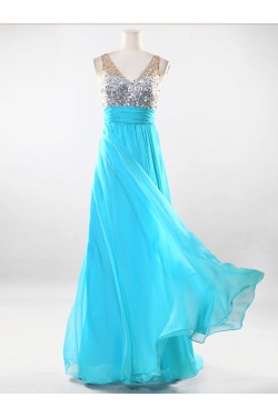 A-Line V-Neck Beaded Long Chiffon Prom Evening Formal Dresses ED011526