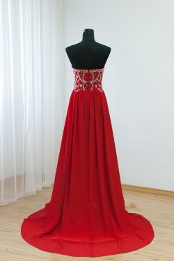 A-Line Strapless Beaded Long Red Chiffon Prom Evening Formal Dresses ED011532
