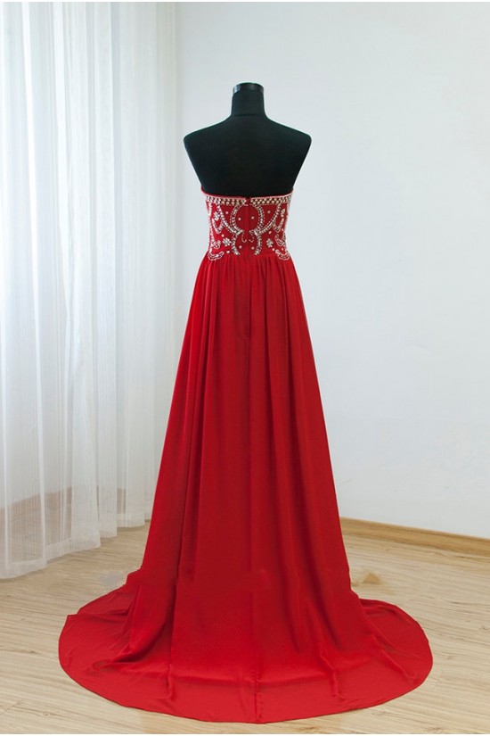 A-Line Strapless Beaded Long Red Chiffon Prom Evening Formal Dresses ED011532