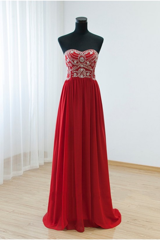 A-Line Strapless Beaded Long Red Chiffon Prom Evening Formal Dresses ED011532