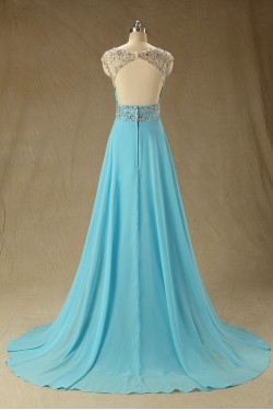 Elegant A-Line Beaded Long Blue Chiffon Prom Evening Formal Dresses ED011533