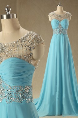Elegant A-Line Beaded Long Blue Chiffon Prom Evening Formal Dresses ED011533