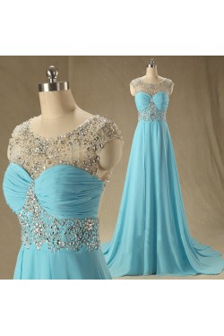 Elegant A-Line Beaded Long Blue Chiffon Prom Evening Formal Dresses ED011533