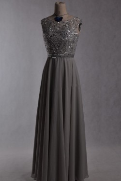 A-Line Beaded Long Grey Chiffon Prom Evening Formal Dresses ED011535