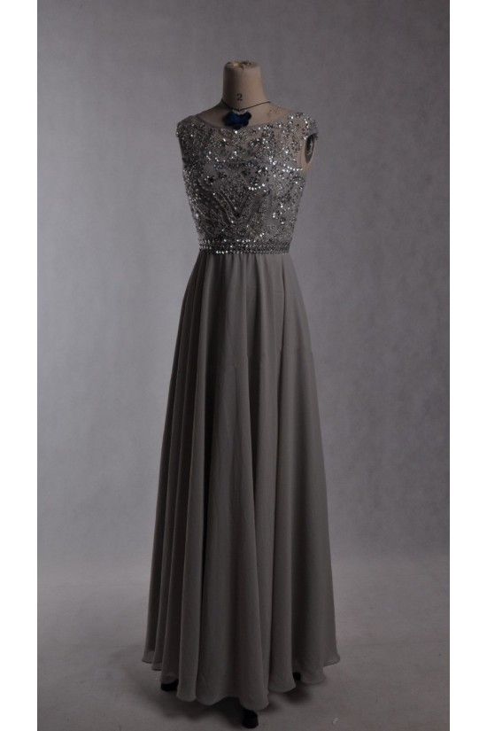A-Line Beaded Long Grey Chiffon Prom Evening Formal Dresses ED011535