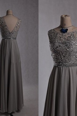 A-Line Beaded Long Grey Chiffon Prom Evening Formal Dresses ED011535