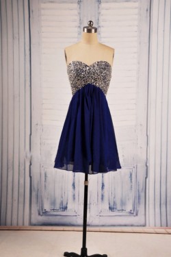 A-Line Sweetheart Beaded Short Blue Chiffon Prom Evening Formal Dresses ED011538