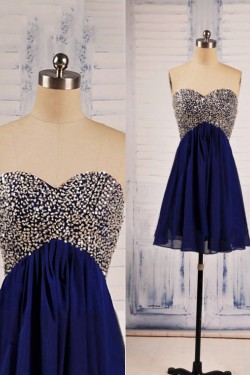 A-Line Sweetheart Beaded Short Blue Chiffon Prom Evening Formal Dresses ED011538