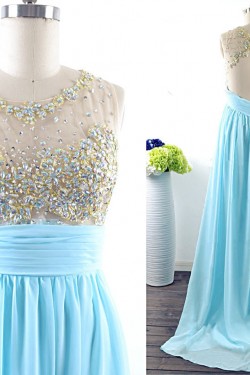 A-Line Beaded Long Blue Chiffon Prom Evening Formal Dresses ED011541
