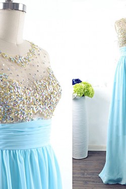 A-Line Beaded Long Blue Chiffon Prom Evening Formal Dresses ED011541