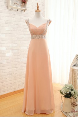 A-Line Beaded Straps Sleeveless Long Chiffon Prom Evening Formal Dresses ED011543