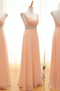 A-Line Beaded Straps Sleeveless Long Chiffon Prom Evening Formal Dresses ED011543