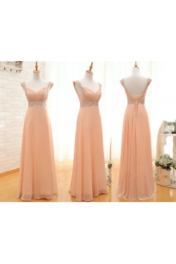 A-Line Beaded Straps Sleeveless Long Chiffon Prom Evening Formal Dresses ED011543