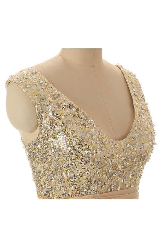 A-Line V-Neck Beaded Sequin Long Chiffon Prom Evening Formal Dresses ED011545