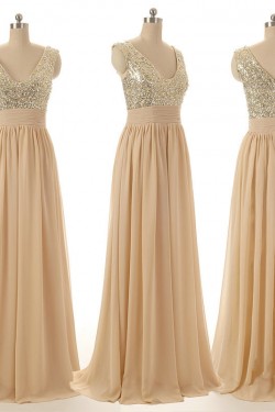 A-Line V-Neck Beaded Sequin Long Chiffon Prom Evening Formal Dresses ED011545
