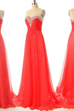 A-Line Sweetheart Beaded Long Red Chiffon Prom Evening Formal Dresses ED011546