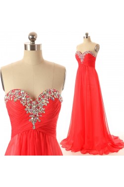 A-Line Sweetheart Beaded Long Red Chiffon Prom Evening Formal Dresses ED011546