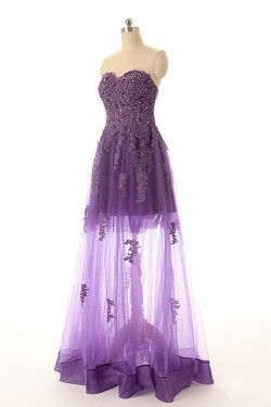 A-Line Sweetheart Long Purple Applique and Tulle Prom Evening Formal Dresses ED011551