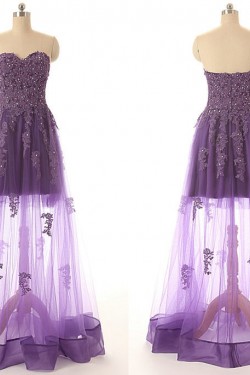 A-Line Sweetheart Long Purple Applique and Tulle Prom Evening Formal Dresses ED011551