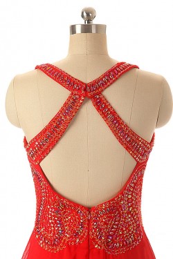A-Line Beaded Long Red Chiffon Prom Evening Formal Dresses ED011552