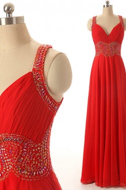 A-Line Beaded Long Red Chiffon Prom Evening Formal Dresses ED011552