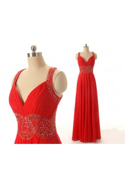 A-Line Beaded Long Red Chiffon Prom Evening Formal Dresses ED011552
