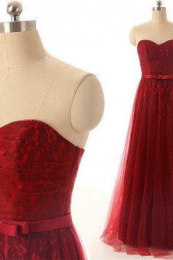 A-Line Sweetheart Long Red Lace and Tulle Prom Evening Formal Dresses ED011553