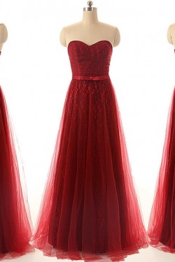 A-Line Sweetheart Long Red Lace and Tulle Prom Evening Formal Dresses ED011553