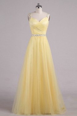 A-Line Beaded Tulle Long Yellow Prom Evening Formal Dresses ED011554