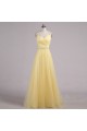 A-Line Beaded Tulle Long Yellow Prom Evening Formal Dresses ED011554
