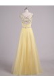A-Line Beaded Tulle Long Yellow Prom Evening Formal Dresses ED011554