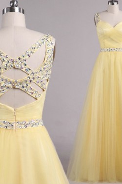 A-Line Beaded Tulle Long Yellow Prom Evening Formal Dresses ED011554