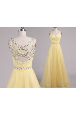 A-Line Beaded Tulle Long Yellow Prom Evening Formal Dresses ED011554