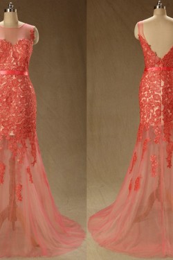 Trumpet/Mermaid Lace Applique Long Red Prom Evening Formal Dresses ED011560