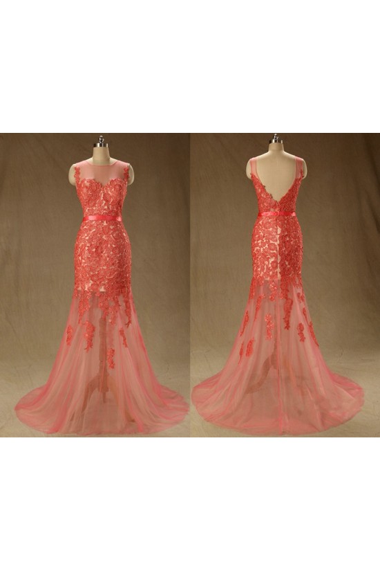 Trumpet/Mermaid Lace Applique Long Red Prom Evening Formal Dresses ED011560