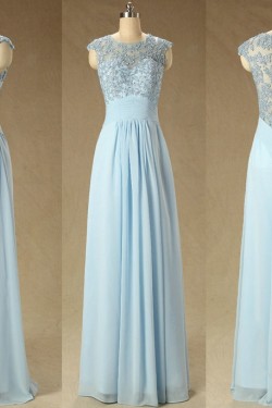 A-Line Jewel Long Blue Applique and Chiffon Prom Evening Formal Dresses ED011561