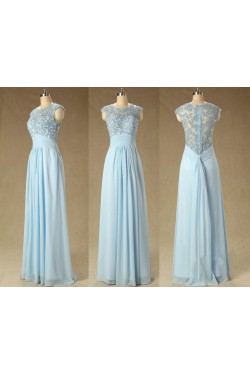 A-Line Jewel Long Blue Applique and Chiffon Prom Evening Formal Dresses ED011561