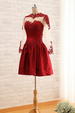 A-Line Jewel Long Sleeve Red Applique and Satin Prom Evening Formal Dresses ED011563