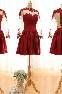 A-Line Jewel Long Sleeve Red Applique and Satin Prom Evening Formal Dresses ED011563